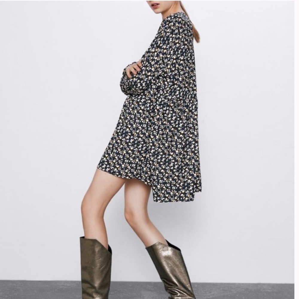 Zara Floral Babydoll Flowy Long Sleeve Mini Dress Black Women's Size Medium Boho - Picture 15 of 15